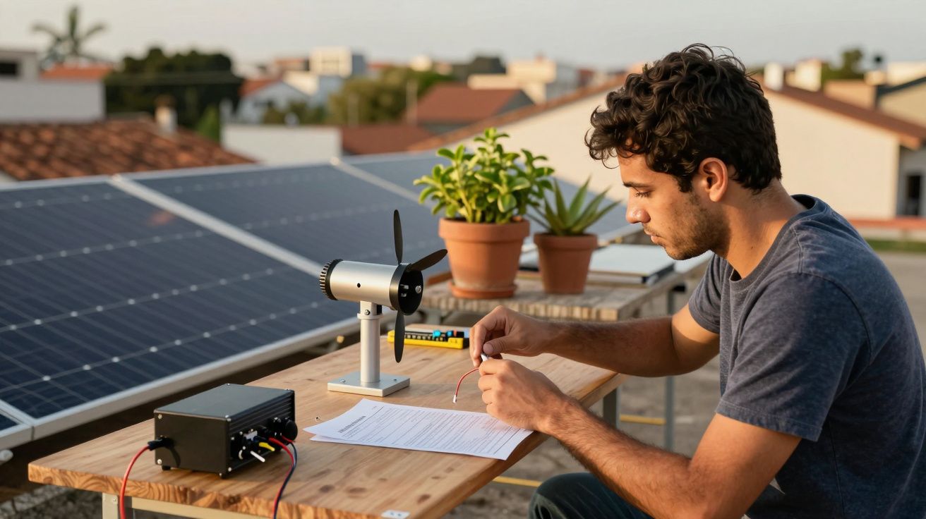 Homem trabalha em projeto solar numa mesa ao ar livre, com painéis solares e plantas no fundo.