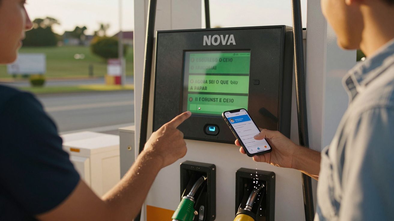 Homens interagem com bomba de gasolina, um usa smartphone em frente a um ecrã com a palavra "NOVA".