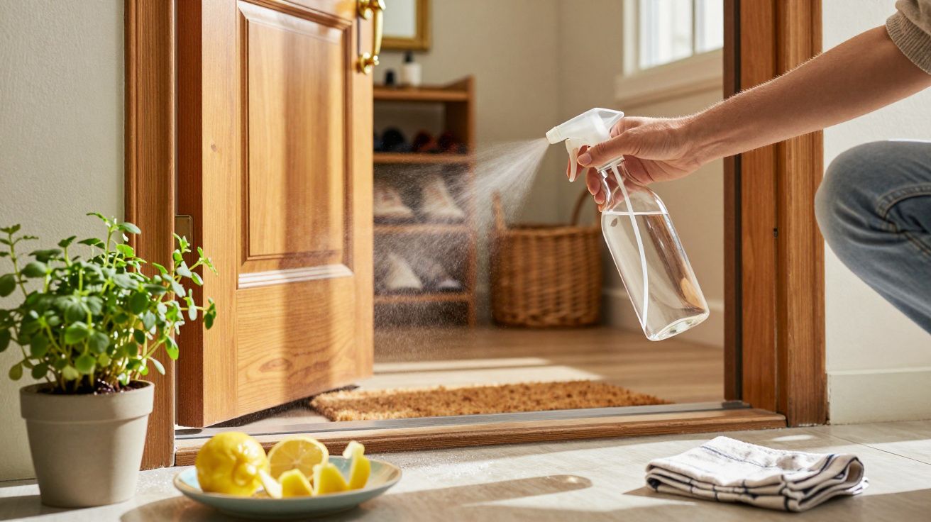 Pessoa borrifa spray em porta aberta com limões e planta ao lado.