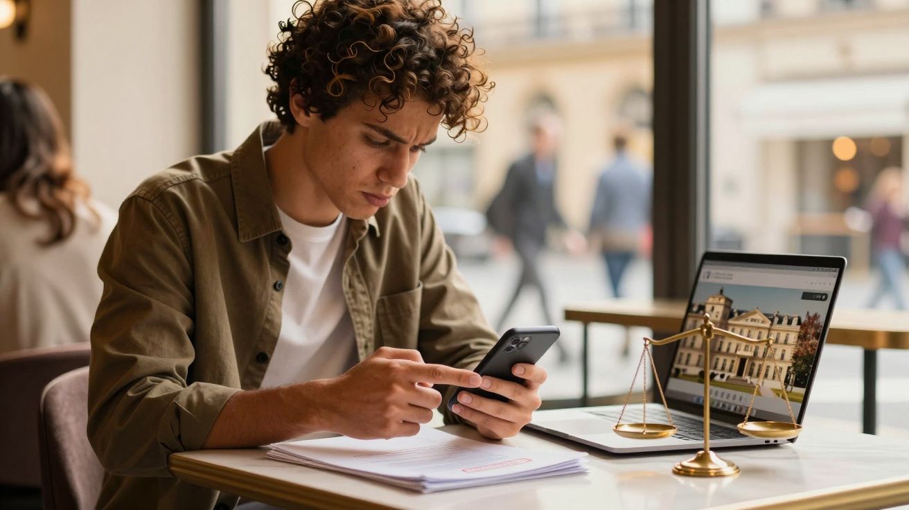 Homem concentrado usando smartphone num café, com portátil e balança dourada sobre a mesa.