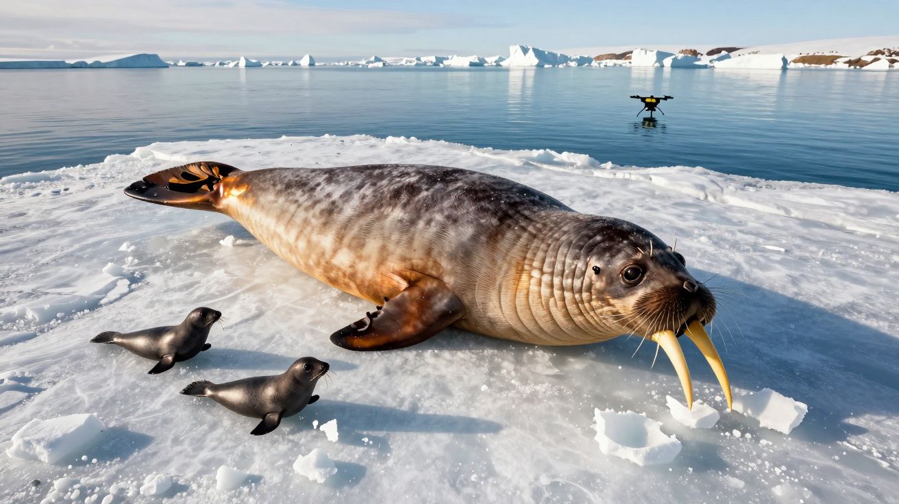 Foca com presas compridas deitada no gelo com dois filhotes ao lado, cenário de icebergs ao fundo.
