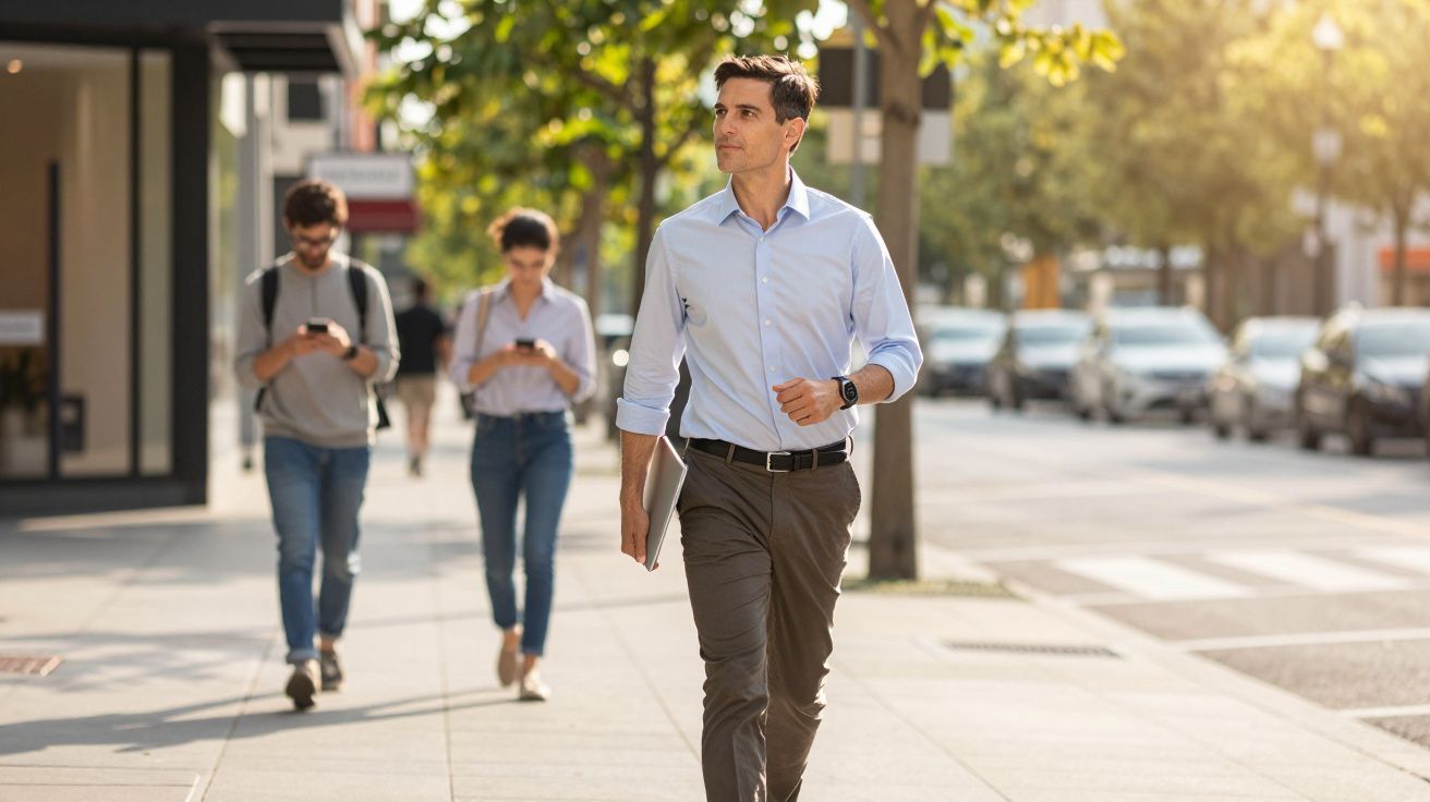 Homem a caminhar numa rua urbana, vestido com camisa azul, segurando um portátil; pessoas e carros ao fundo.