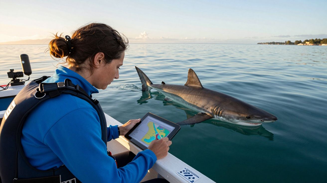 Pesquisador num barco observa tubarão com um tablet na mão, sobre águas calmas, próximo à costa.