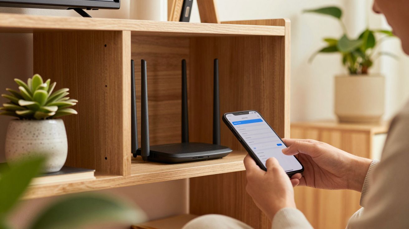 Pessoa ajusta definições de rede no smartphone em frente a um router num móvel de madeira, com plantas ao fundo.