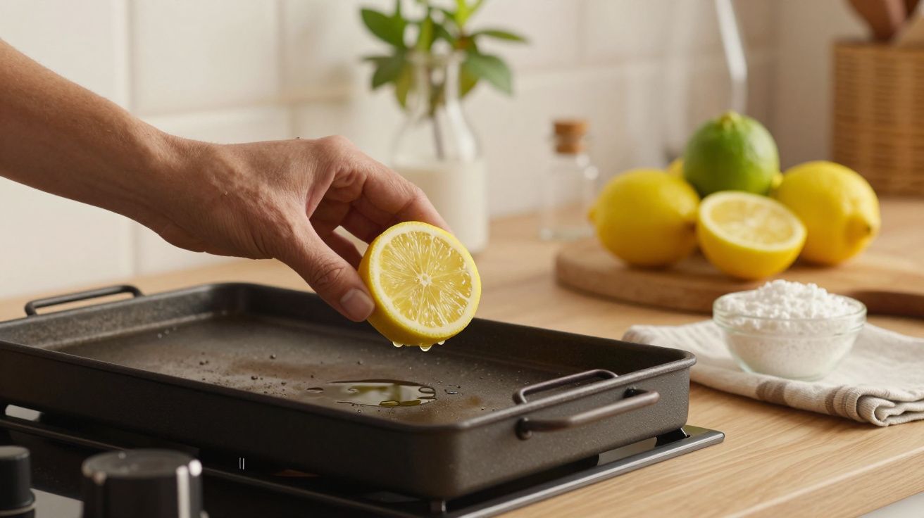 Mão espreme meio limão sobre uma frigideira preta em cozinha; limões e ingredientes ao fundo.