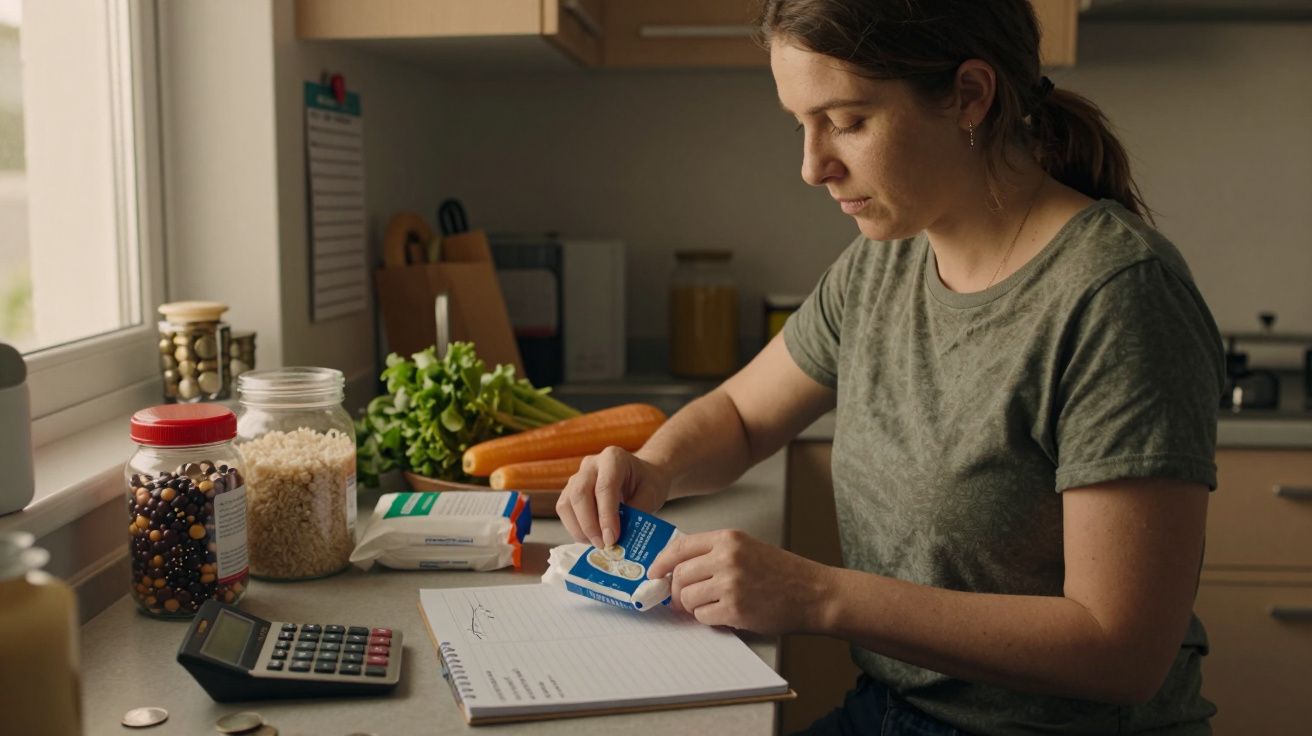 Mulher a calcular despesas na cozinha com bloco de notas, calculadora, moedas e alimentos sobre a bancada.