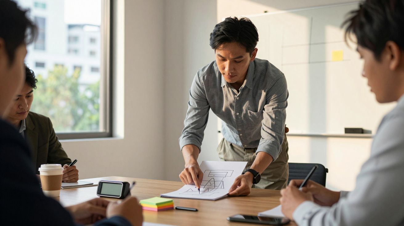 Homem a apresentar plano em papel numa reunião de negócios, rodeado de colegas a tomar notas numa sala de reuniões.