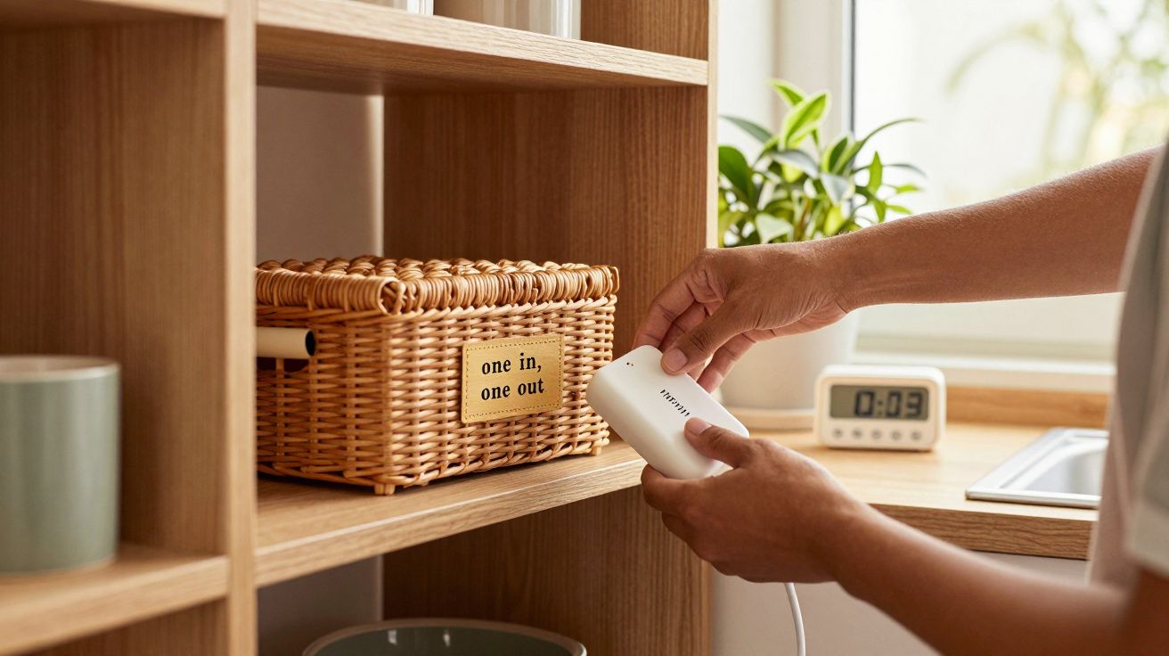 Mão segura dispositivo branco junto a uma cesta de vime com etiqueta "one in, one out" numa prateleira de madeira.