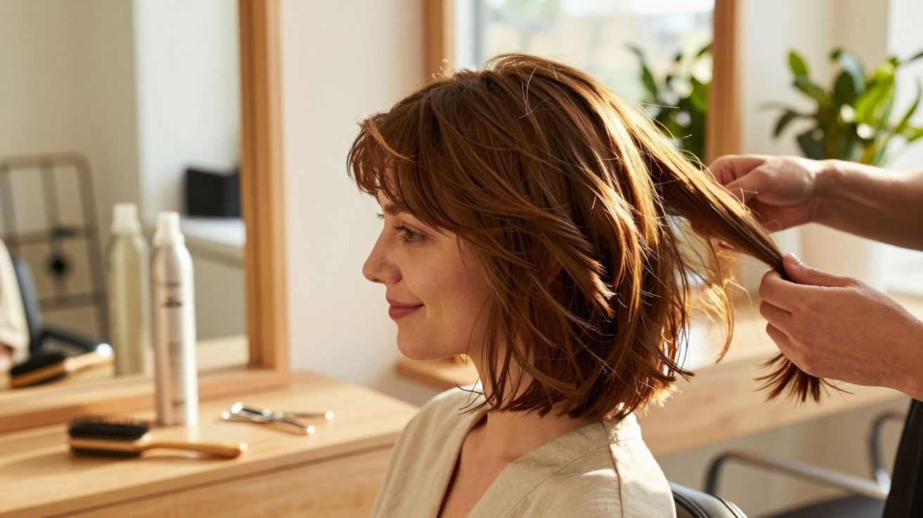 Mulher sorrindo enquanto cabeleireiro ajusta o seu cabelo castanho num salão iluminado.
