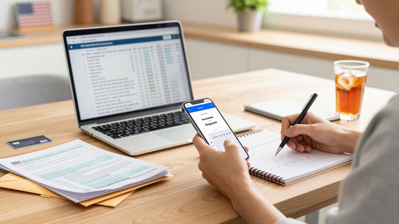 Pessoa a gerir contas bancárias online no telemóvel e portátil, com documentos e caderno numa mesa.