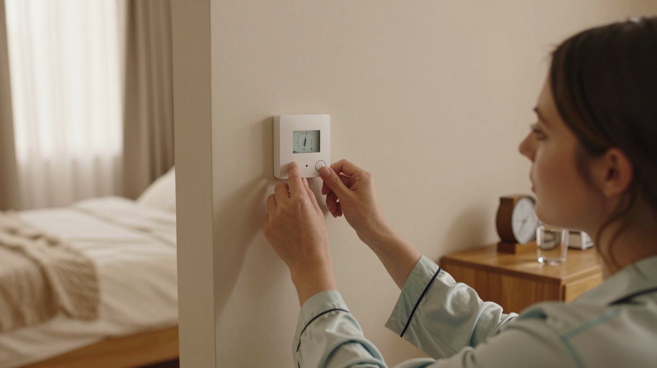Mulher ajusta termóstato na parede ao lado de um quarto com cama e despertador na mesa.