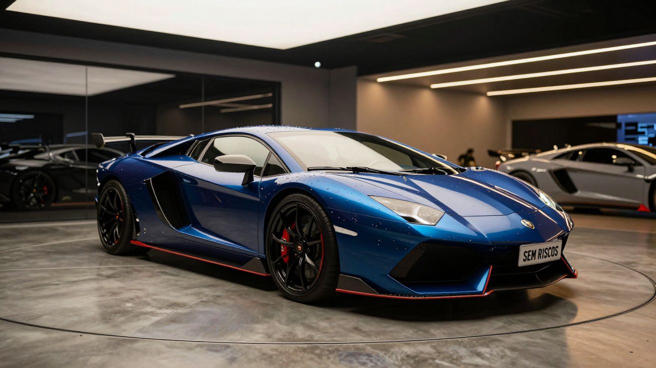 Carro desportivo azul escuro em exposição num showroom iluminado, com reflexos no chão polido.