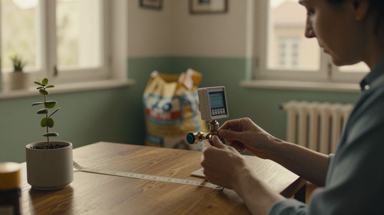 Pessoa ajusta um dispositivo num tubo na mesa; uma planta e fitas métricas ao lado.