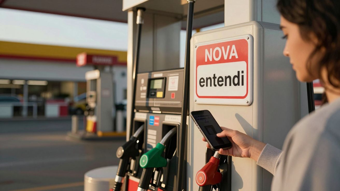 Mulher a utilizar smartphone junto a bomba de gasolina com cartaz "NOVA entendi" em estação de serviço.