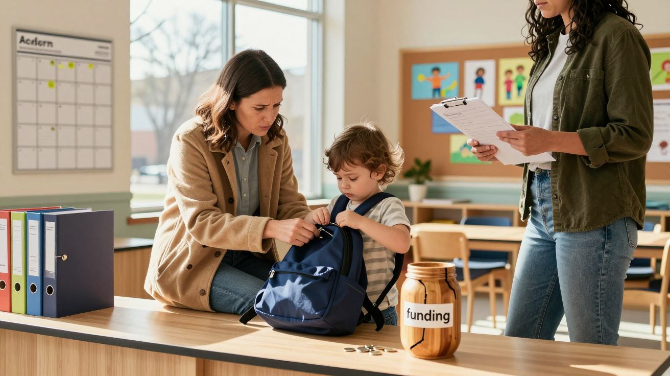 Mulher verifica mochila de criança numa sala de aula, enquanto outra mulher segura uma prancheta. Há um jarro com moedas.