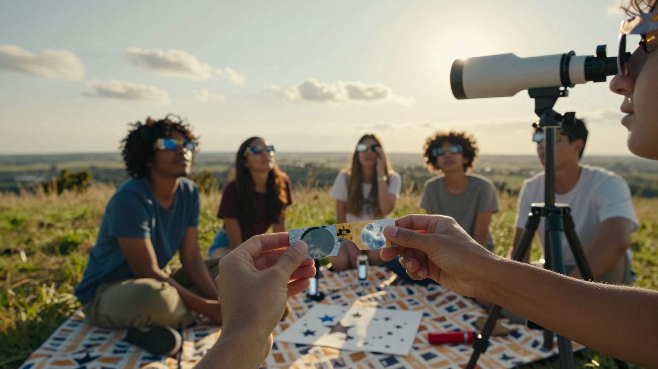 Pessoas sentadas num campo ao pôr do sol com telescópio e jogos. Usam óculos de proteção e seguram filtros solares.