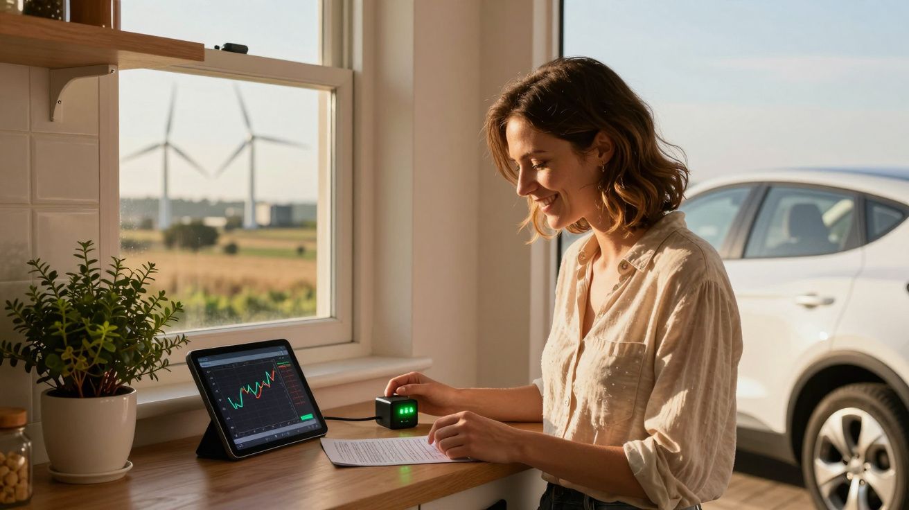 Mulher a trabalhar num tablet numa mesa junto à janela, com turbinas eólicas ao fundo.