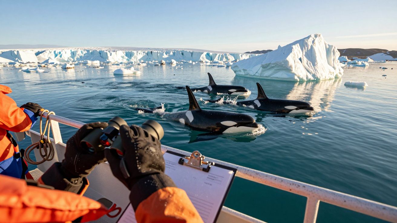 Investigadores observam orcas perto de icebergs no oceano, usando binóculos a partir de um barco de investigação.