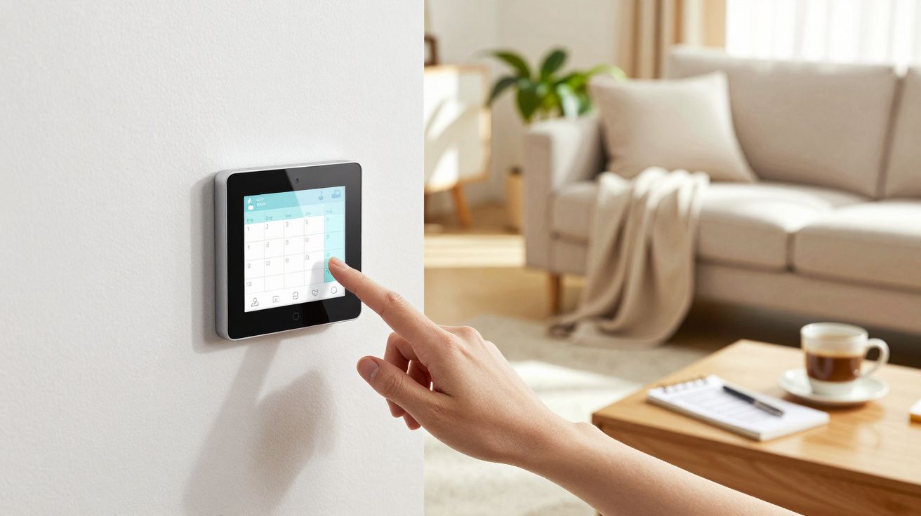 Pessoa a ajustar o termostato inteligente na parede de uma sala moderna, com sofá e mesa ao fundo.