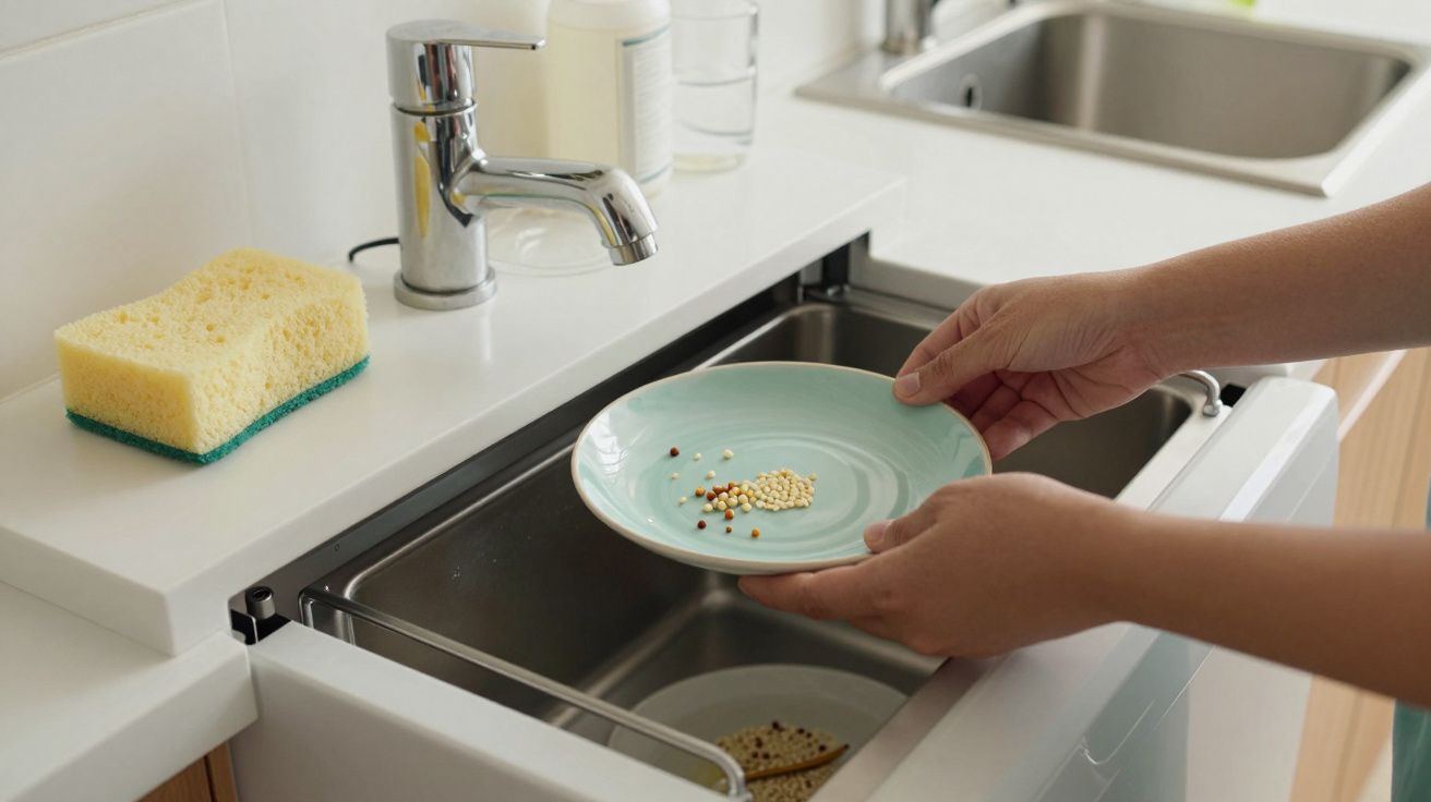 Mãos seguram prato sobre lava-louça, esponja amarela ao lado, num balcão de cozinha.