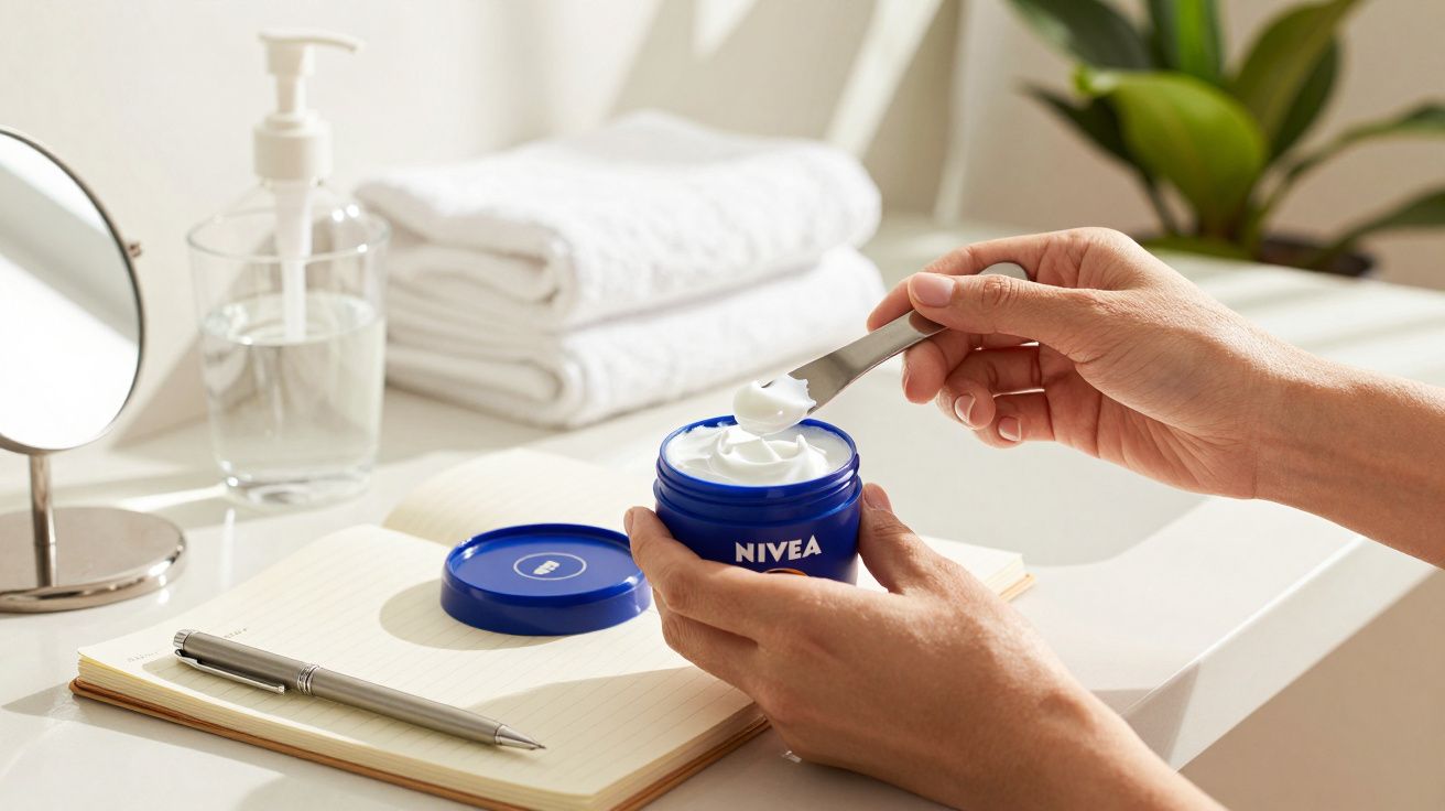 Mãos aplicando creme Nivea com espátula, rodeadas por toalhas, caderno, caneta e espelho numa bancada branca.