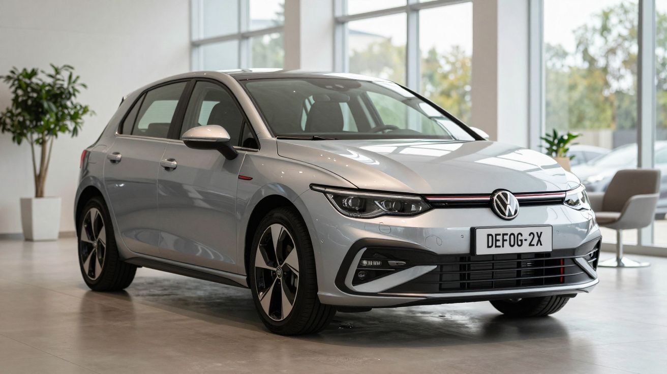 Carro Volkswagen prata em exposição num showroom com design moderno e jantes de liga leve.