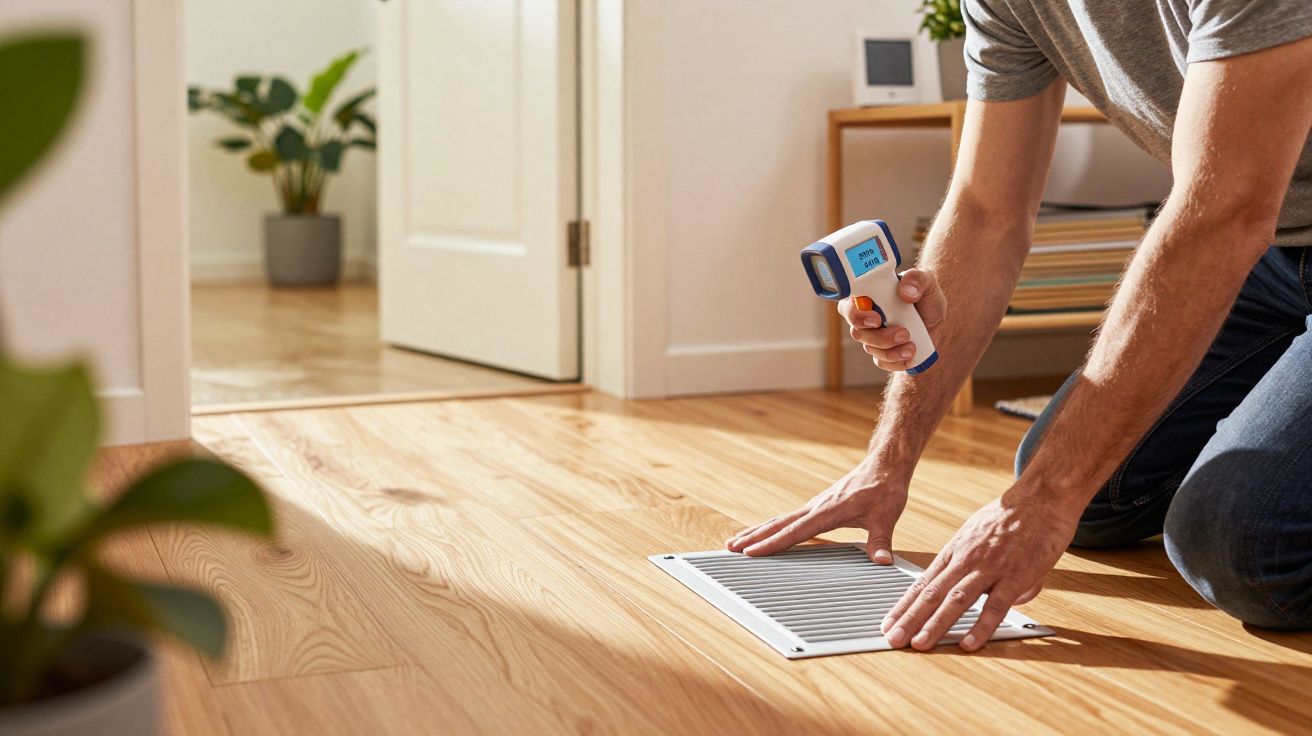 Homem ajoelhado mede a temperatura de uma saída de ar no chão de madeira, usando um termómetro digital.