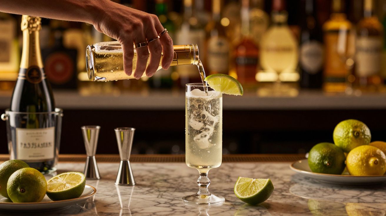 Mão a servir champanhe num copo alto com lima, sobre balcão de mármore, rodeado de citrinos e garrafas ao fundo.