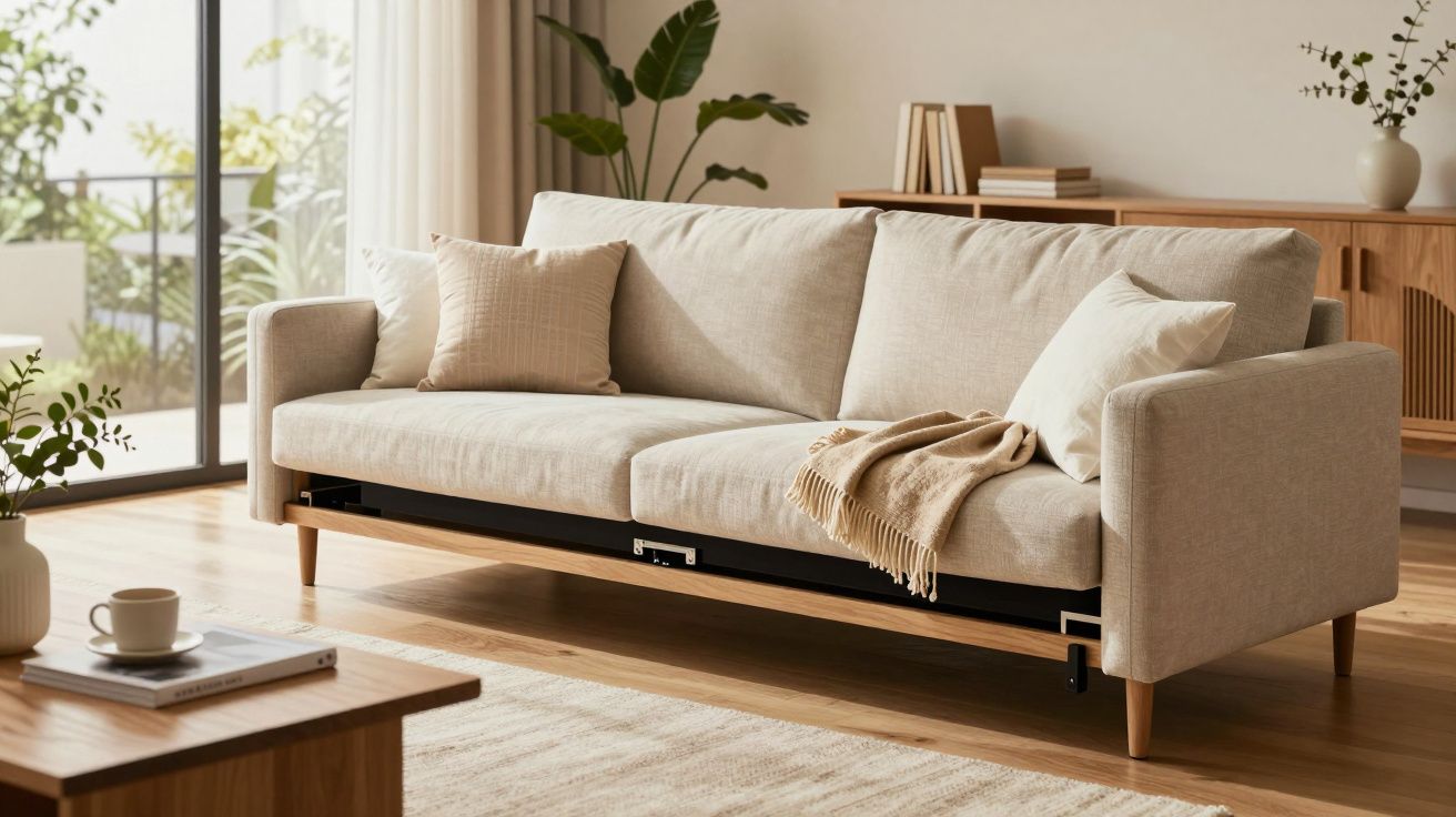 Sala de estar moderna com sofá bege, almofadas e manta, junto a uma janela grande e plantas decorativas.