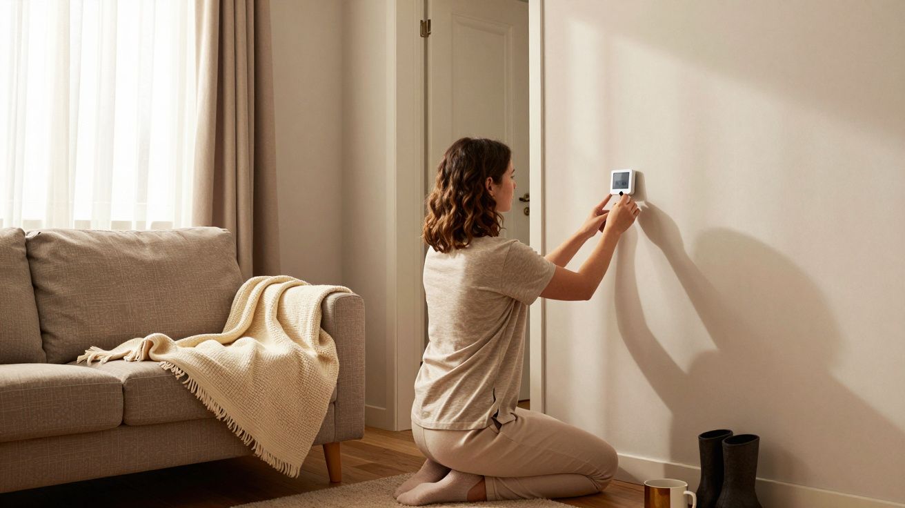 Mulher ajusta termostato na parede enquanto ajoelhada ao lado de um sofá com manta.