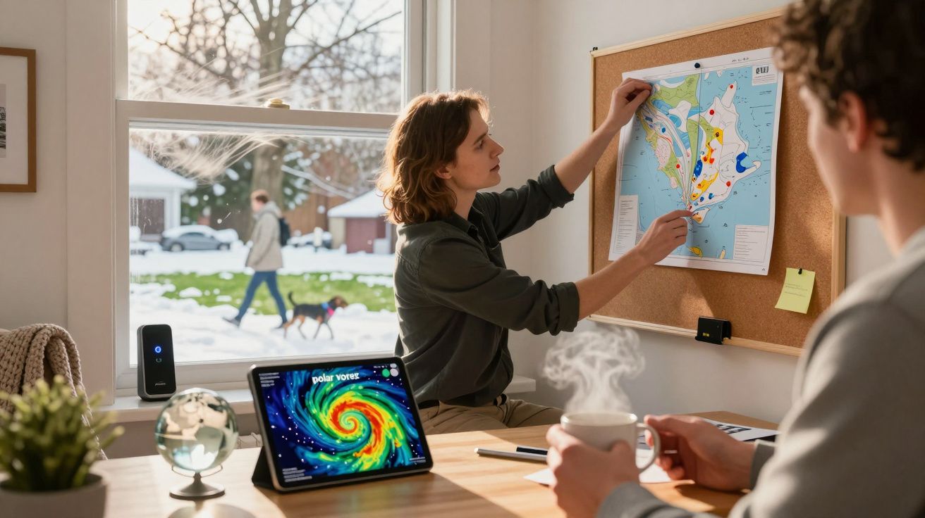 Duas pessoas numa sala, uma pendura um mapa numa cortiça, enquanto a outra segura uma caneca com um tablet na mesa.