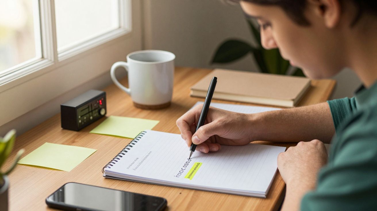 Jovem a estudar numa secretária, a escrever num caderno ao lado de um telemóvel e chávena, junto a uma janela.
