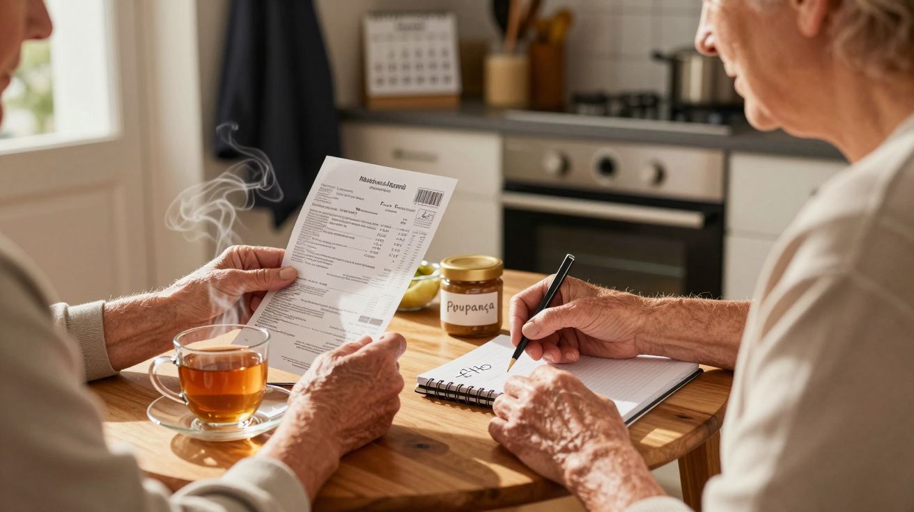 Duas pessoas analisando uma fatura e anotando num caderno, com uma chávena de chá e um pote de "poupança" na mesa.
