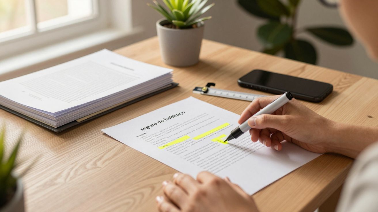 Pessoa a sublinhar texto num documento em cima de mesa, com telemóvel e plantas ao fundo.