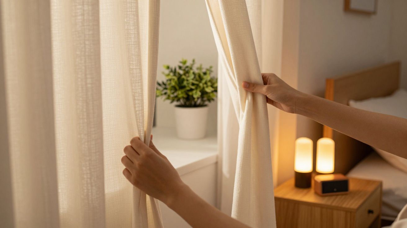 Mãos a abrir cortinas bege numa sala com candeeiros acesos e vaso com planta ao fundo.