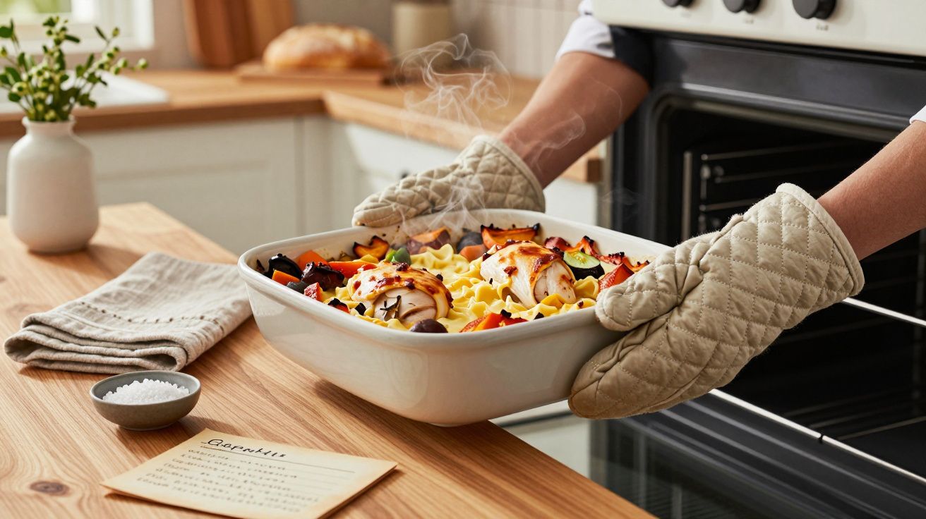 Pessoa retira prato de massa com legumes do forno numa cozinha, usando luvas térmicas. Receita e sal na mesa.