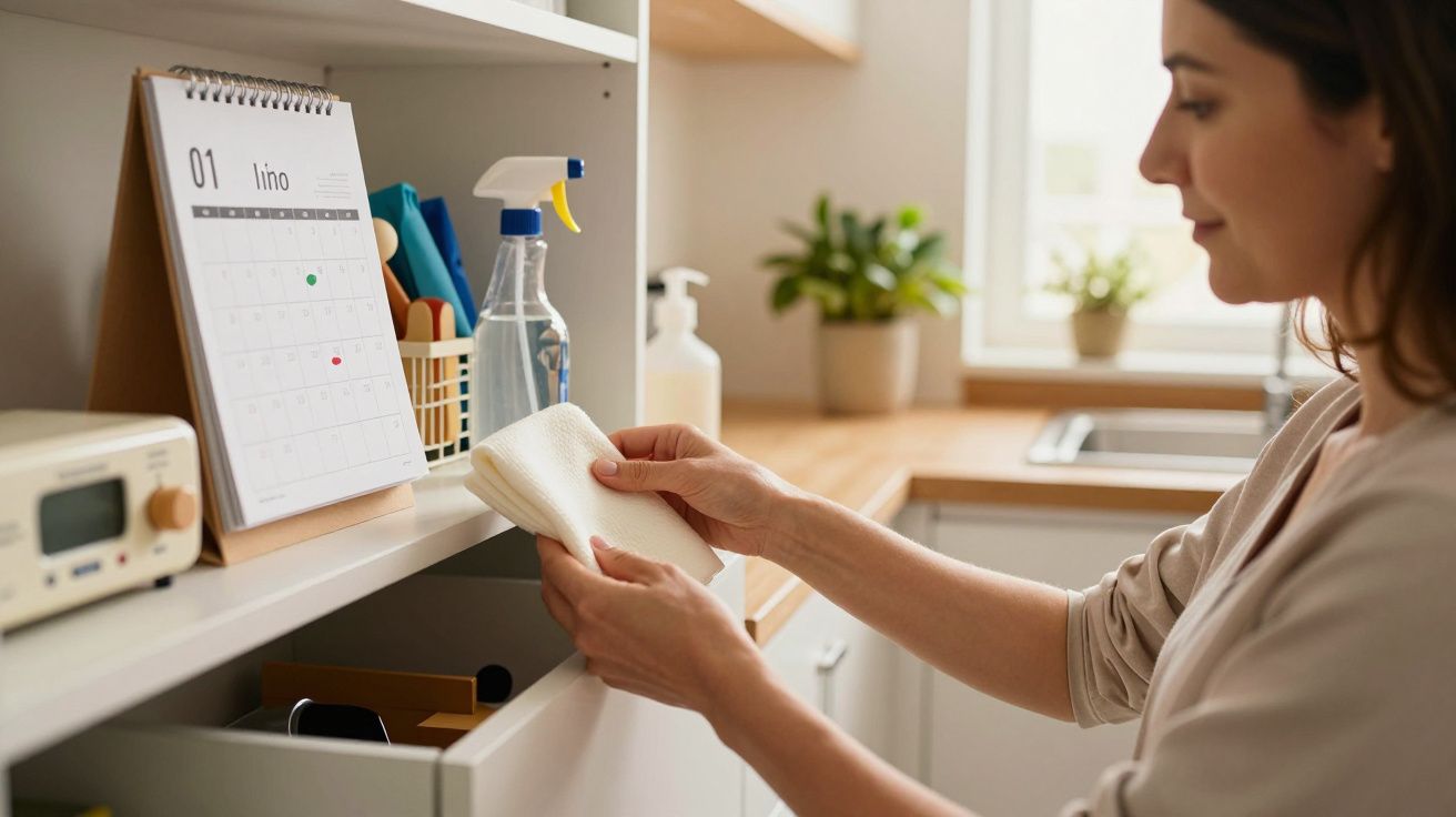 Mulher organiza gaveta na cozinha, segurando panos de limpeza. Calendário e produtos de limpeza na prateleira.