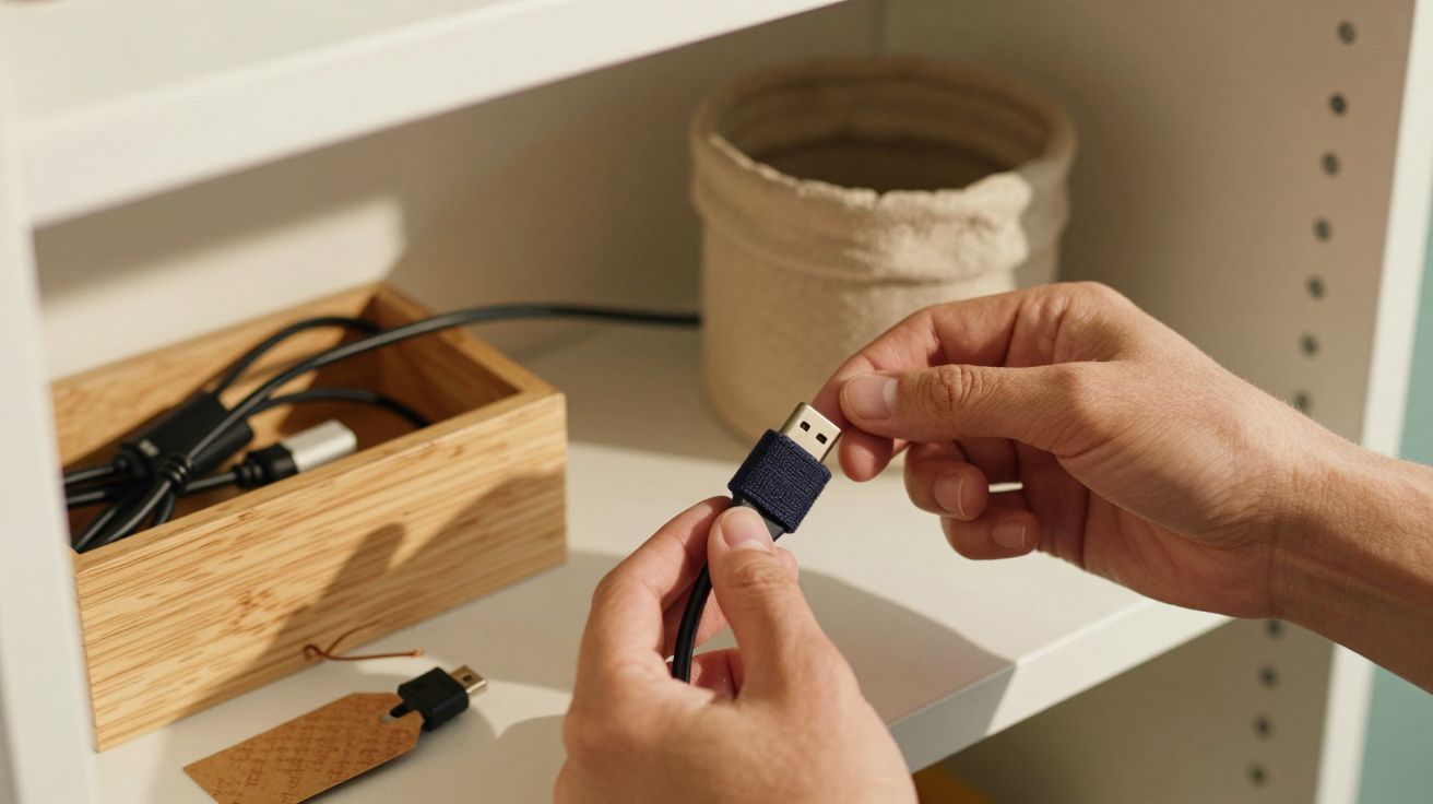 Mãos seguram cabo USB; caixa de madeira com fios e pen USB sobre prateleira branca.