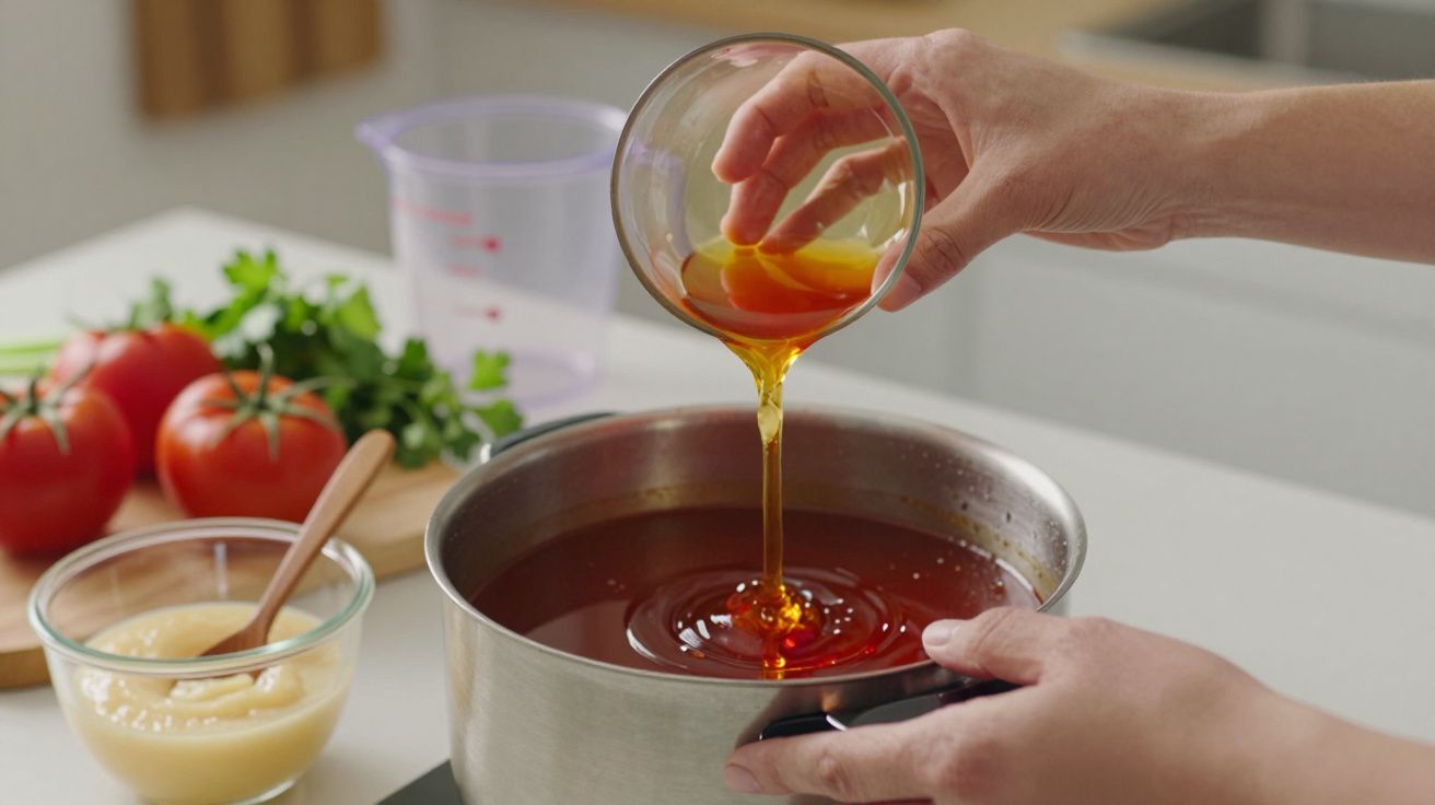 Mão a verter líquido dourado numa panela com molho, rodeada por ingredientes numa cozinha.