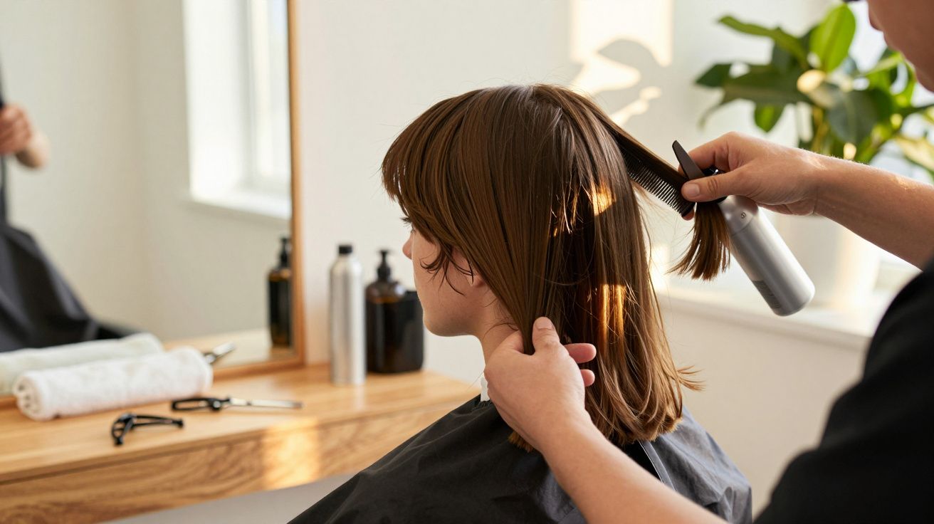 Pessoa a cortar cabelo castanho num salão com plantas e espelho.