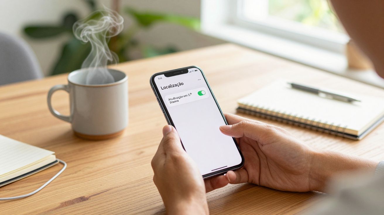 Pessoa segura telemóvel com ecrã mostrando configurações de localização ativa, em mesa com chávena e caderno.