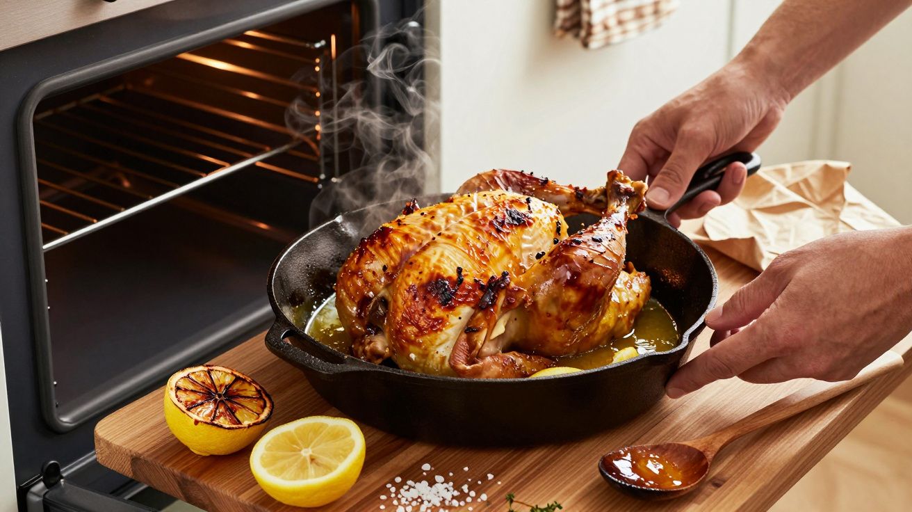 Frango assado em tabuleiro a ser retirado do forno, com limões cortados ao lado sobre uma bancada de madeira.