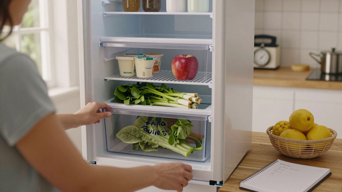 Pessoa abrindo frigorífico com verduras, iogurtes e maçã, numa cozinha com um cesto de limões e bloco de notas na bancada.