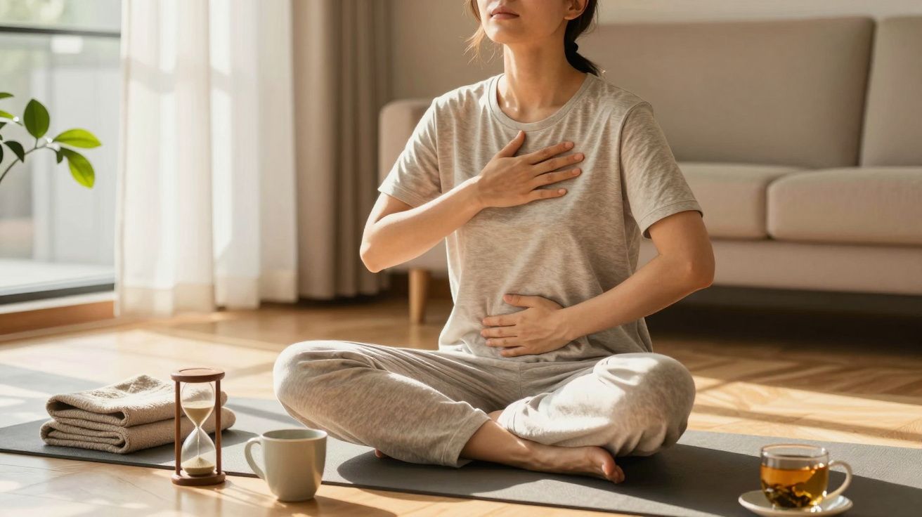Mulher meditando em casa, sentada de pernas cruzadas no tapete, com uma mão no peito e outra no abdómen.