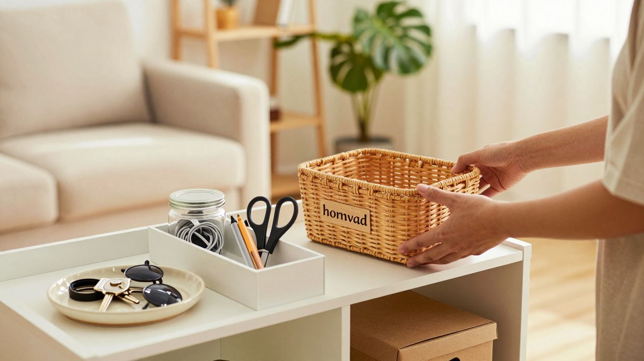 Pessoa a organizar uma cesta de vime num móvel branco, com tesouras e chaves ao lado. Sala iluminada ao fundo.