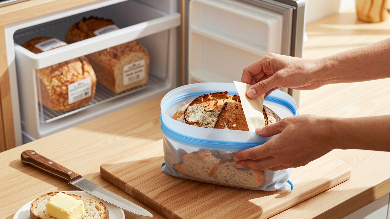 Mãos colocam pão num saco de plástico sobre uma tábua com fatia de pão e manteiga; fundo com pães no congelador.