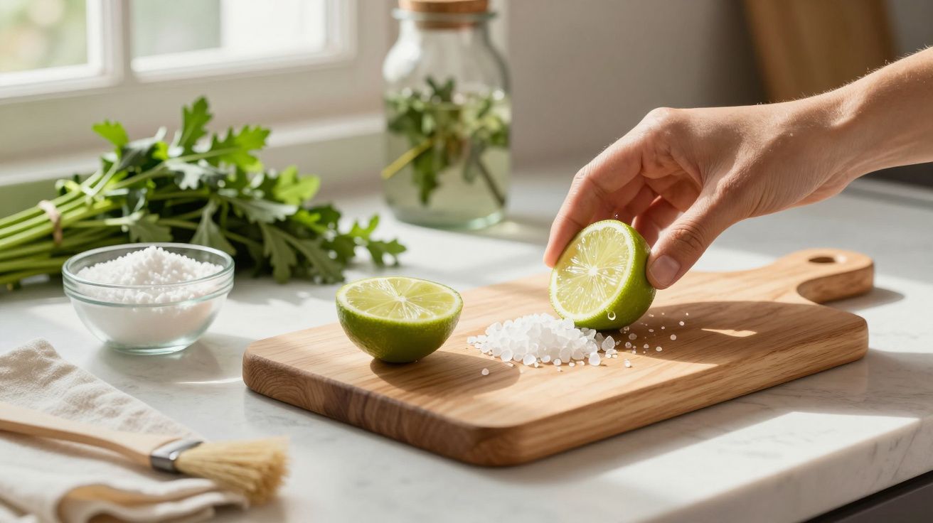 Mão segura lima sobre tábua com sal grosso. Ao fundo, salsa, alecrim e frasco de ervas em cozinha iluminada.