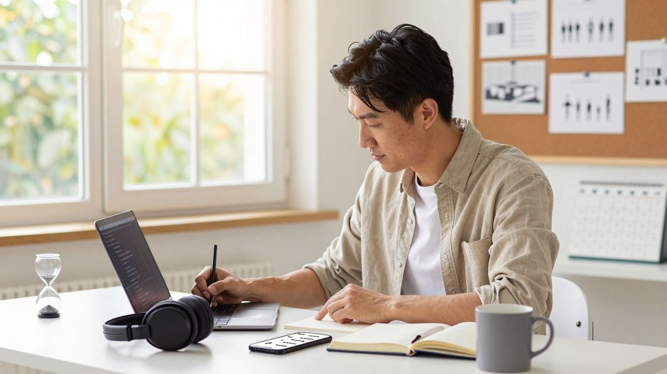 Homem sentado à secretária usando portátil e caderno, com auscultadores e chávena ao lado, junto a janela iluminada.