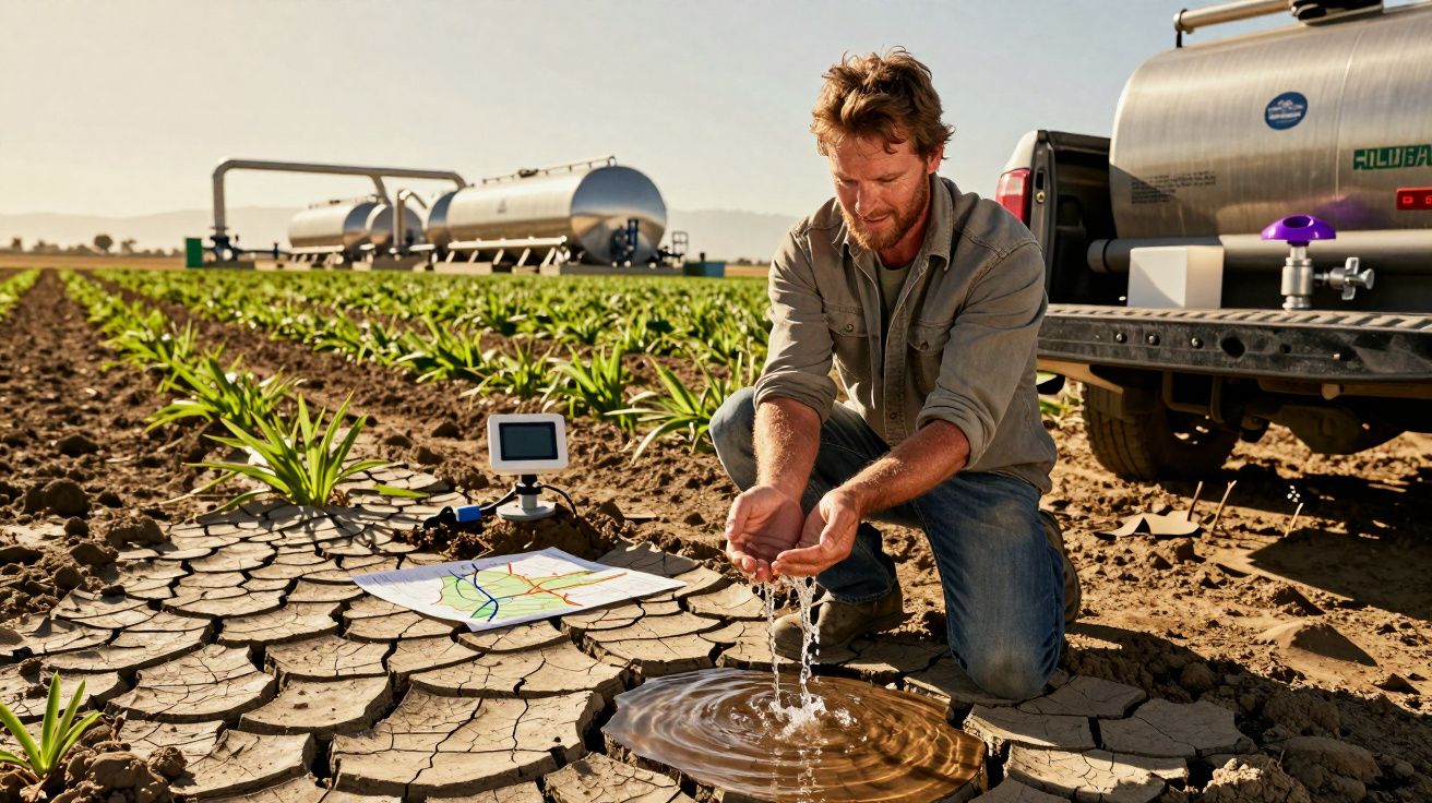 Homem ajoelhado, coleta água numa plantação árida com equipamento agrícola e mapas ao lado.