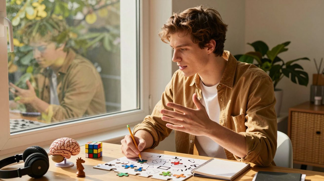 Jovem a estudar numa mesa com plantas ao fundo, segurando um lápis com desenhos, puzzle, cubo mágico e modelo de cérebro.